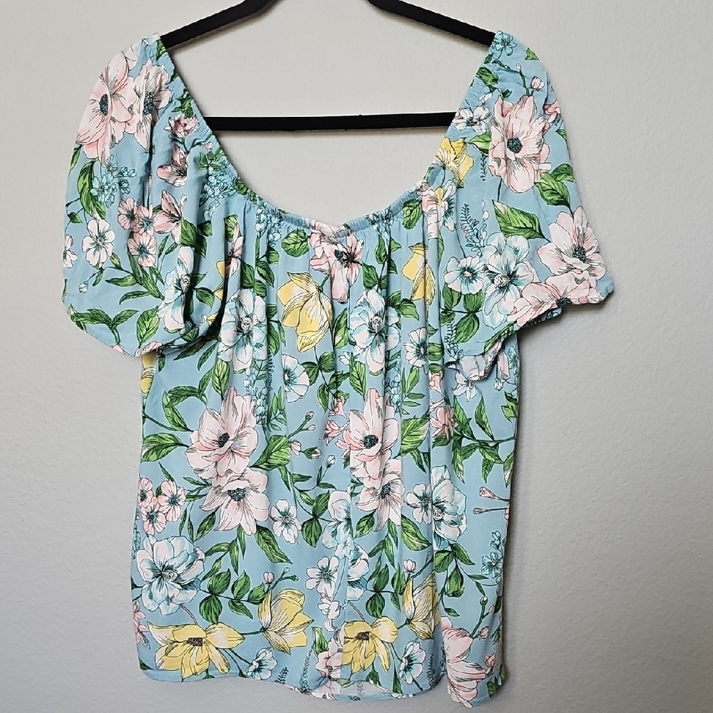 Torrid Summer Vacation Light Blue Floral Off The Shoulder Blouse XL - Picture 7 of 9